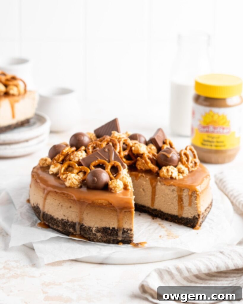SunButter Cheesecake features a chocolate pretzel crust and is topped with a salted caramel sauce