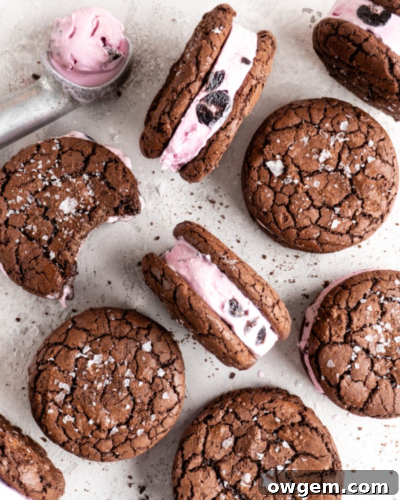 Fudgy chocolate cookies are sandwiched over black berry ice cream to make these Black Forest Ice Cream Sandwiches