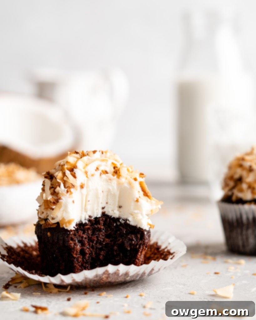 A row of frosted chocolate coconut cupcakes, ready to be served