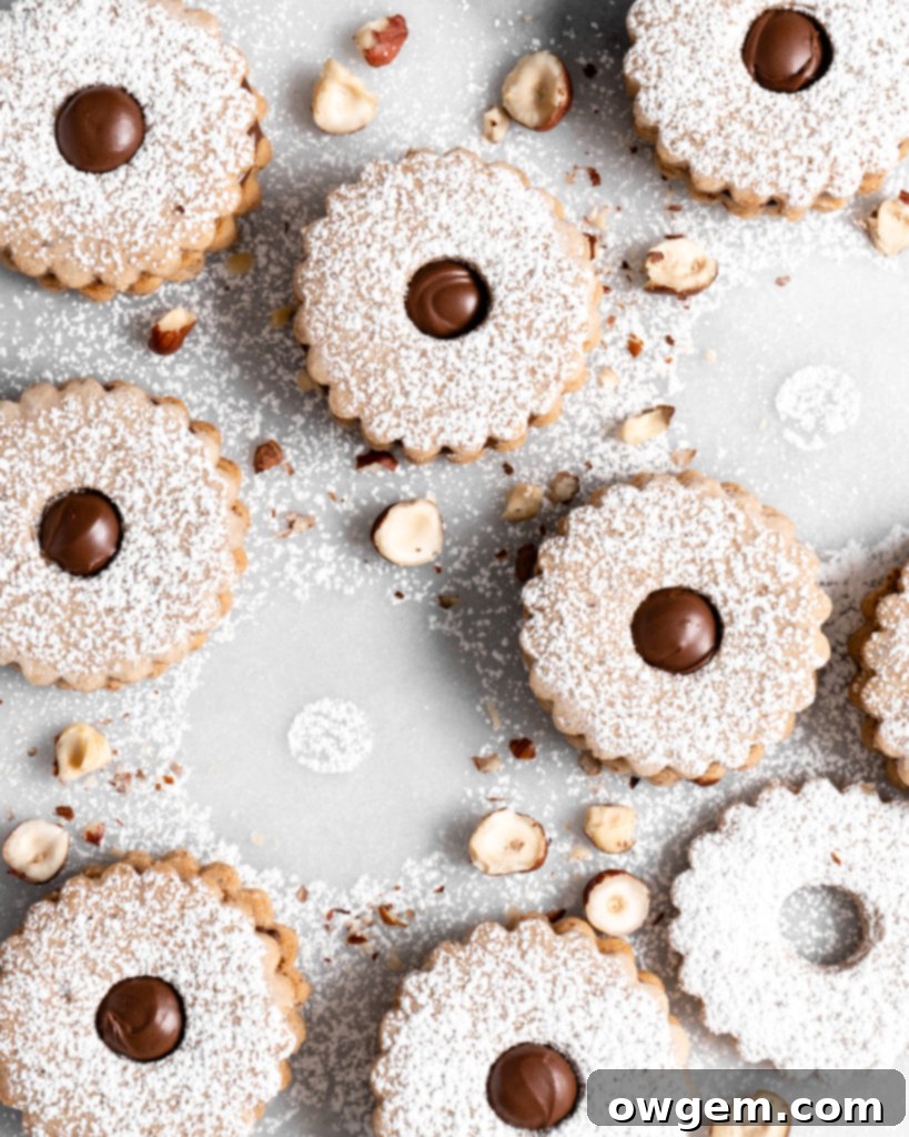 Flower shaped linzer cookies filled with nutella, sandwiched together, and dusted with confectioners sugar