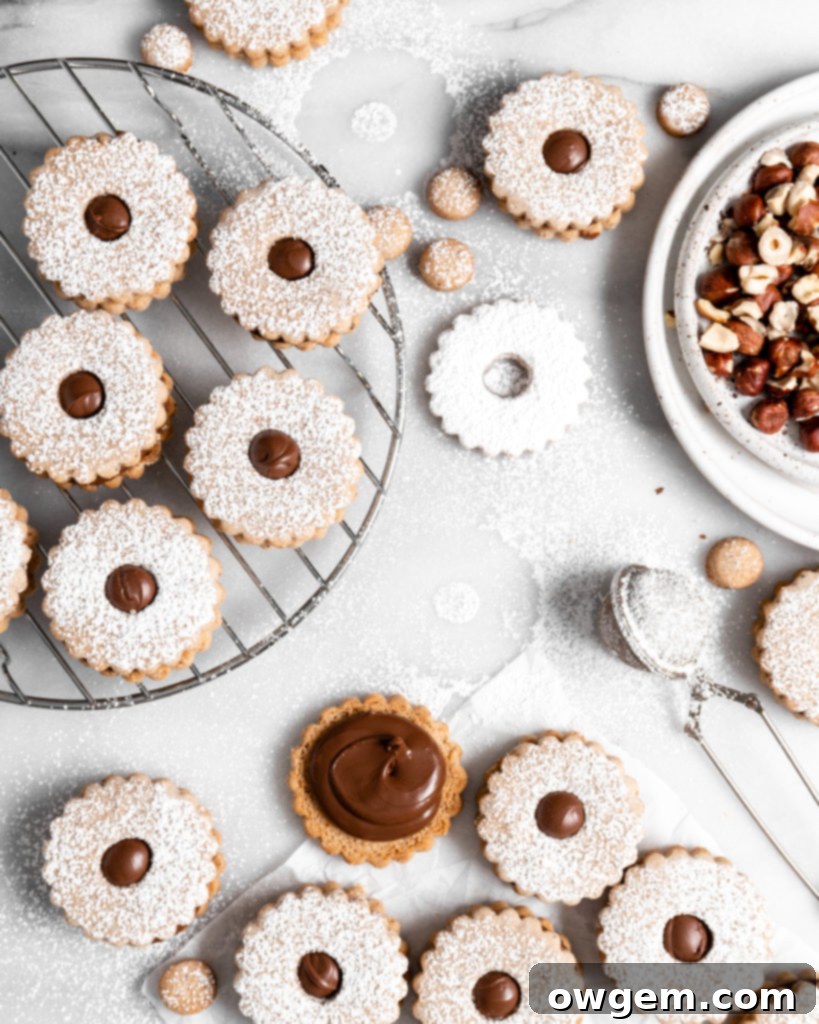 Flower shaped linzer cookies filled with nutella, sandwiched together, and dusted with confectioners sugar