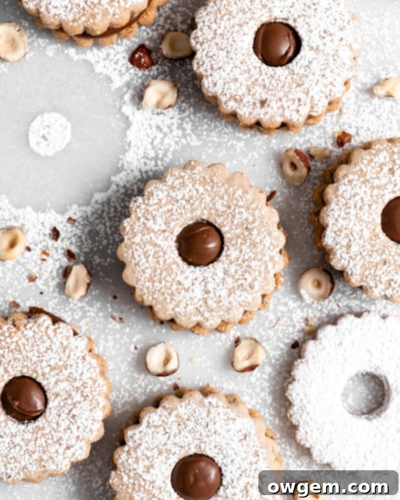 Flower shaped linzer cookies filled with nutella, sandwiched together, and dusted with confectioners sugar