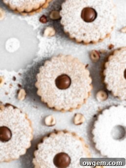 Flower shaped linzer cookies filled with nutella, sandwiched together, and dusted with confectioners sugar