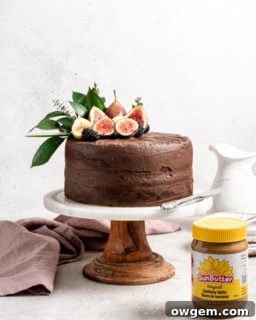 Two-layer SunButter Banana Cake with a rich chocolate frosting, elegantly topped with fresh figs, showcasing its irresistible appeal.