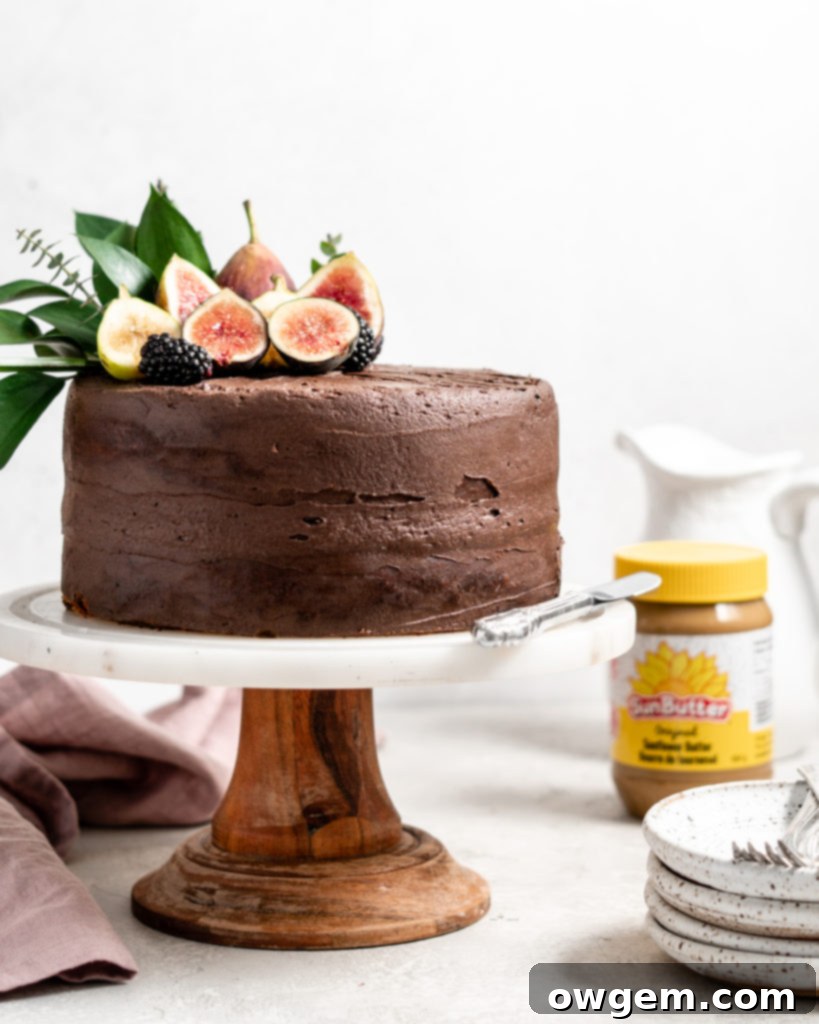 A close-up shot of a magnificent two-layer SunButter Banana Cake, adorned with a luxurious chocolate frosting and delicate fig toppings.