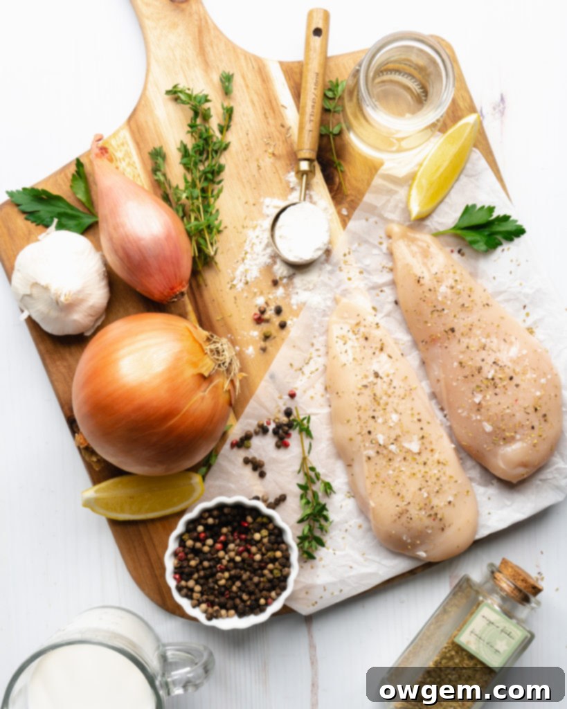 Components of chicken breasts with white wine sauce, including onions, shallots, white wine, half & half, and thyme.