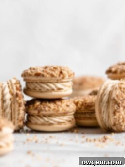Maple pecan macarons using swiss method, filled with rich maple flavor, the macarons also have a maple buttercream that is speckled with little pecan bits, and a pecan crusted top