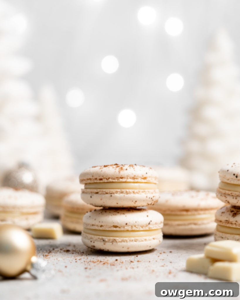 Beautifully piped eggnog macarons ready for baking, arranged on a baking mat in a holiday-themed setting.