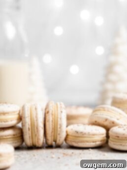 eggnog macarons filled with eggnog white chocolate ganache in a christmas scene