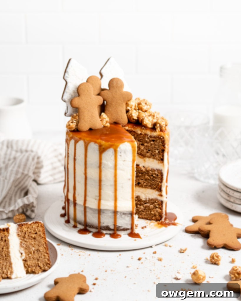 Glass jar filled with luscious homemade salted caramel, ready to be drizzled over the gingerbread cake