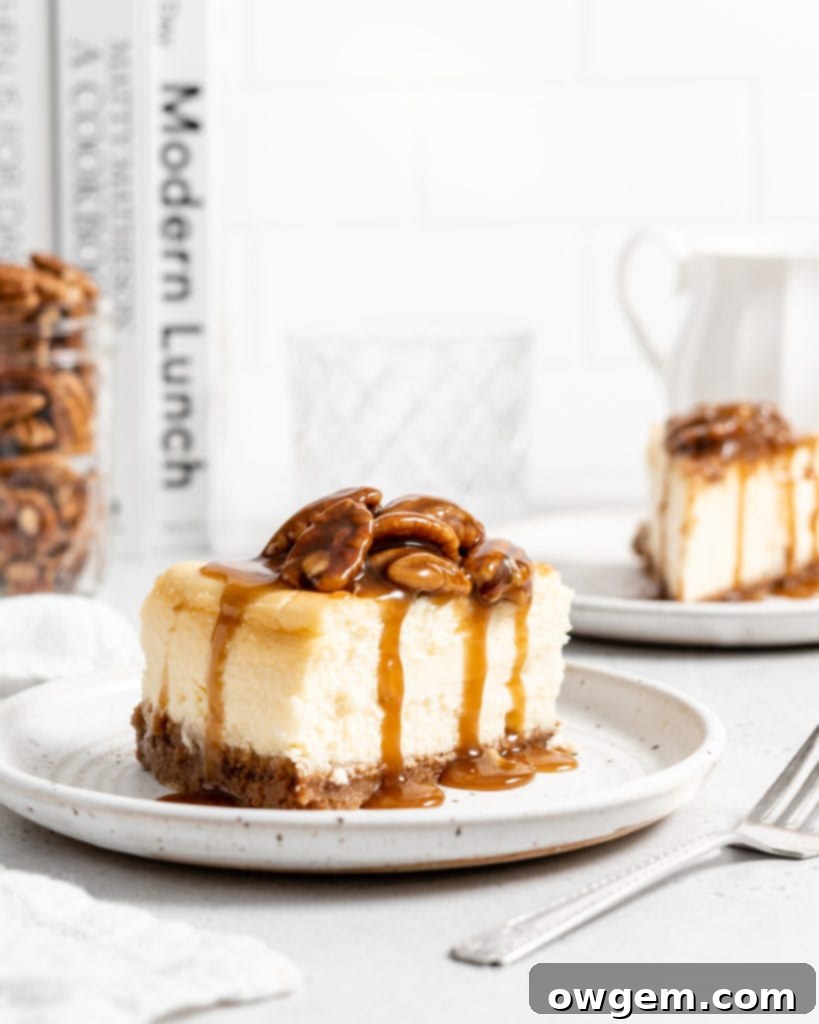 Creamy cinnamon cheesecake with caramel pecan sauce