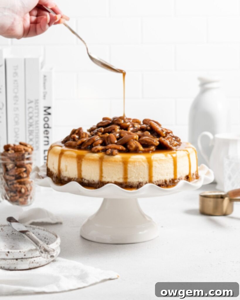 Creamy cinnamon cheesecake with caramel pecan sauce