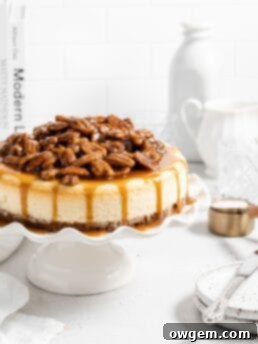 Creamy cinnamon cheesecake with caramel pecan sauce