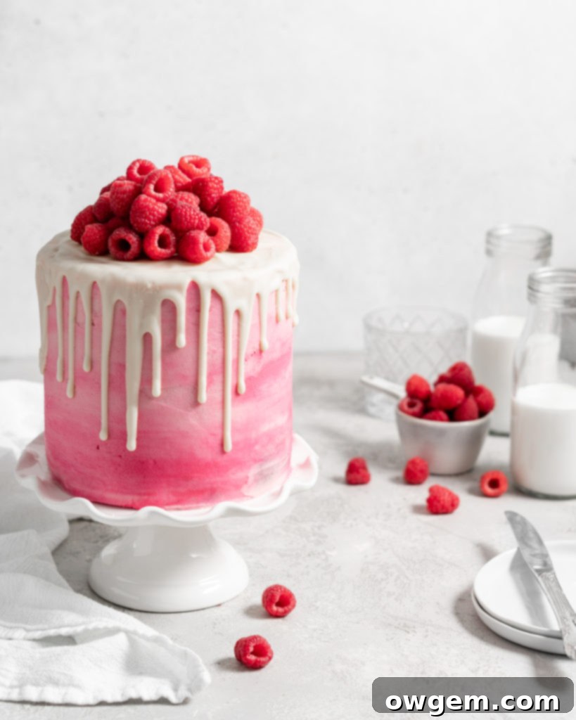 Pink Raspberry Layer Cake with white chocolate drip. Topped with fresh raspberries