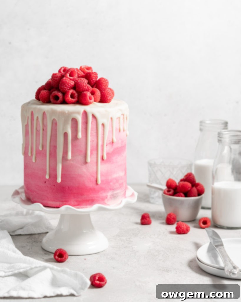 Pink Raspberry Layer Cake with white chocolate drip. Topped with fresh raspberries