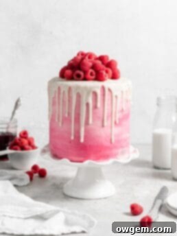 Pink Raspberry Layer Cake with white chocolate drip. Topped with fresh raspberries
