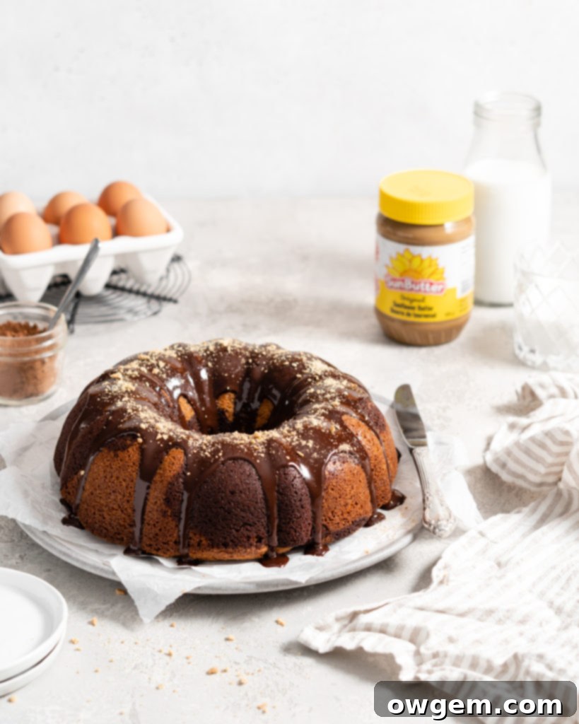 Two slices of SunButter marble bundt cake with chocolate ganache, ready to serve