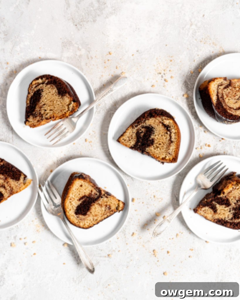 Close-up of a prepared SunButter and chocolate marble bundt cake showing the intricate marbled pattern