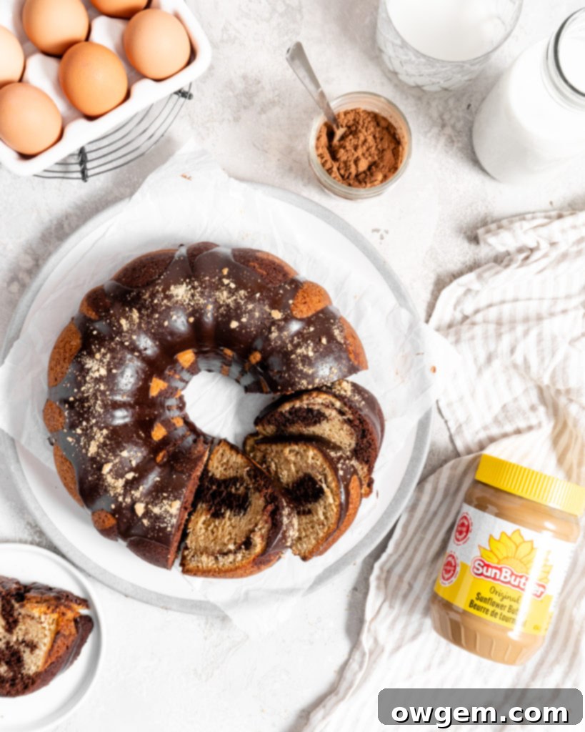 SunButter and chocolate marble bundt cake after baking, before glazing, showing the cake's golden-brown crust