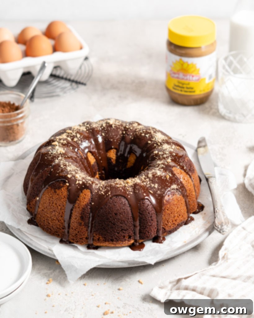 Side view of the baked SunButter chocolate marble bundt cake, showing the deep grooves of the pan