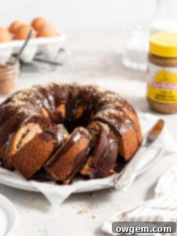 SunButter and chocolate marble bundt cake topped with chocolate ganache
