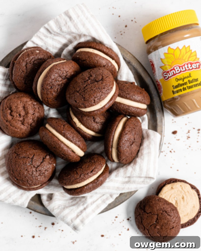 Close-up of a chocolate whoopie pie with SunButter filling, showing the crumb texture of the cake-cookie.