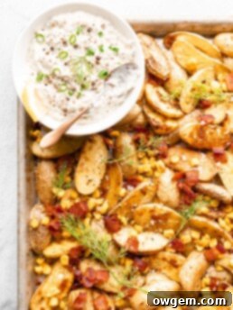 Roasted warm potatoes, corn, and bacon, ready to be dressed with the lemon and dill based dressing