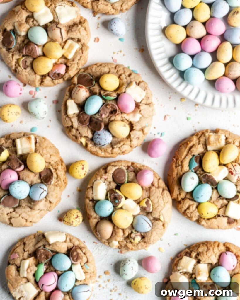 A baking sheet filled with scooped Cadbury Mini Egg cookie dough balls, ready to be chilled before baking