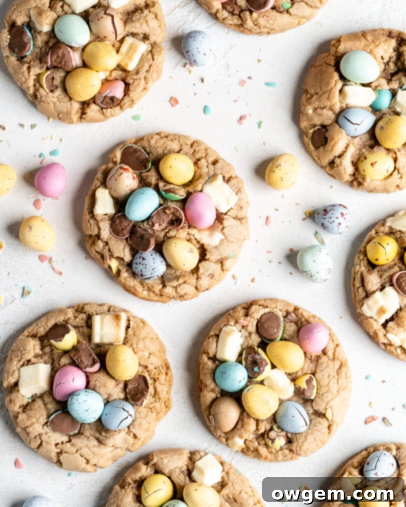Close-up of perfectly chewy Mini Egg Cookies, showcasing the blend of Cadbury Mini Eggs and melted chocolate chips