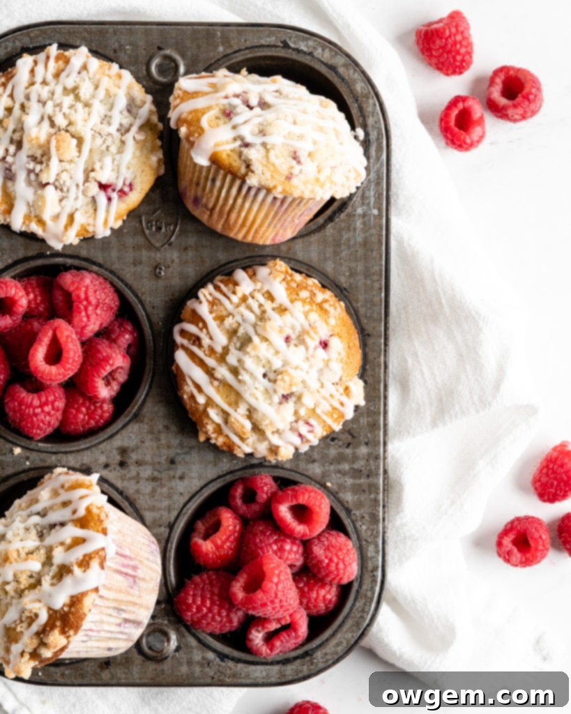 Buttermilk Raspberry Delights 3 Fluffy and tall Buttermilk Raspberry Muffins with streusel topping