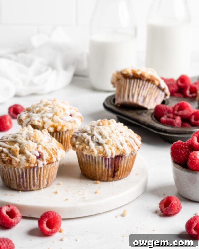 Fluffy and tall Buttermilk Raspberry Muffins with streusel topping