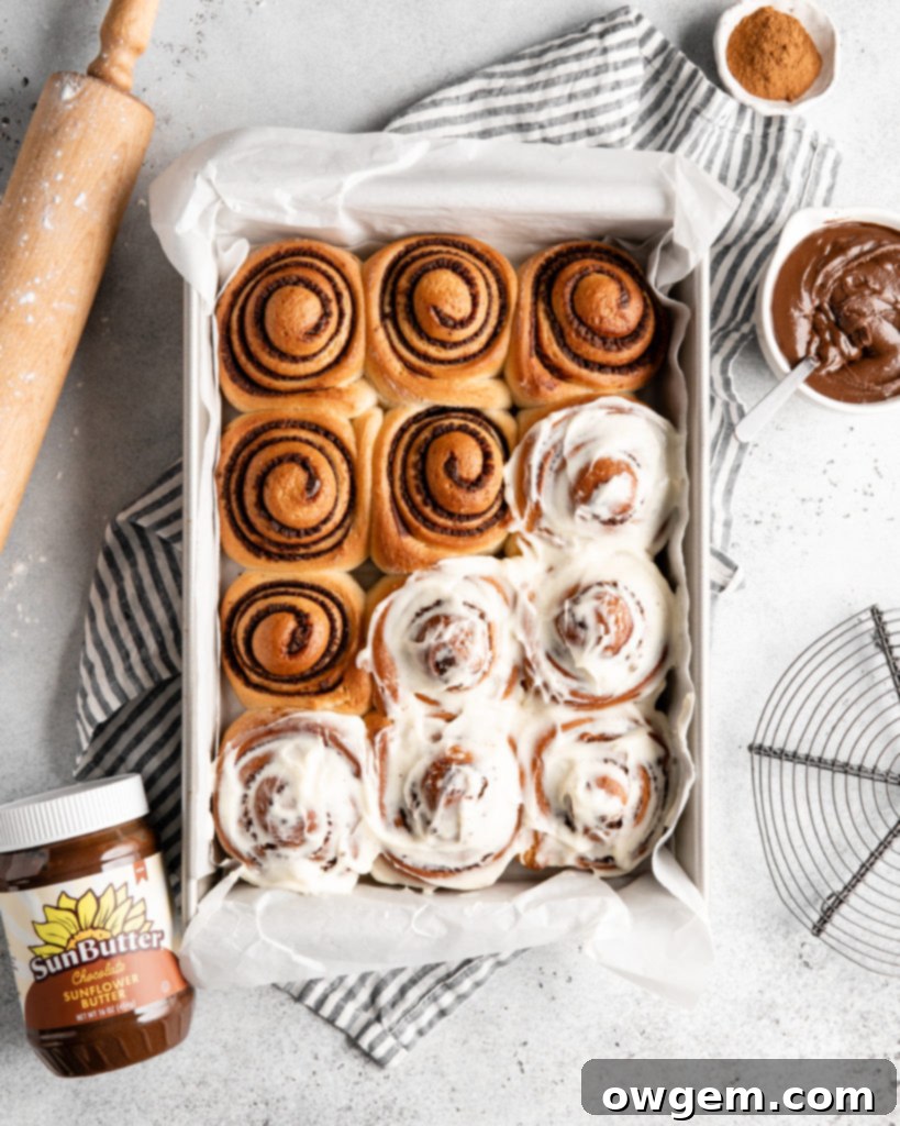 fluffy cinnamon rolls filled with peanut-free chocolate sunbutter spread to create Chocolate SunButter Cinnamon Rolls