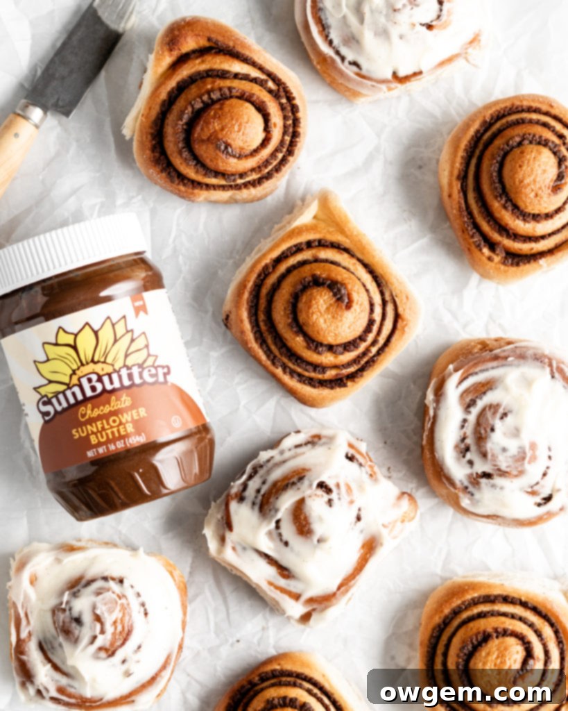 fluffy cinnamon rolls filled with peanut-free chocolate sunbutter spread to create Chocolate SunButter Cinnamon Rolls
