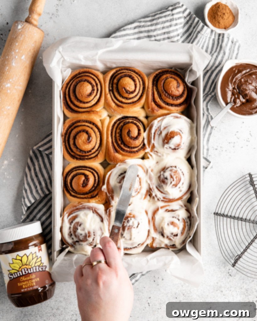 fluffy cinnamon rolls filled with peanut-free chocolate sunbutter spread to create Chocolate SunButter Cinnamon Rolls