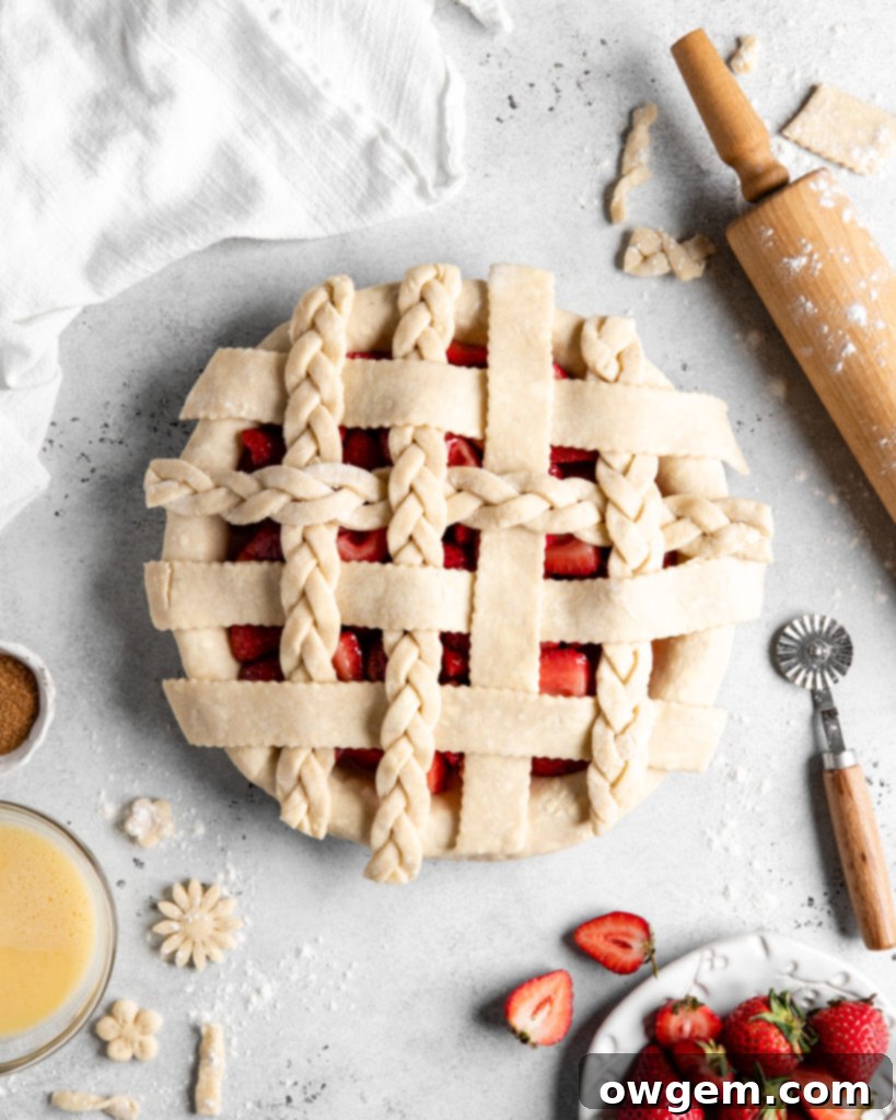 Finished lattice top pie crust before baking, ready for egg wash.