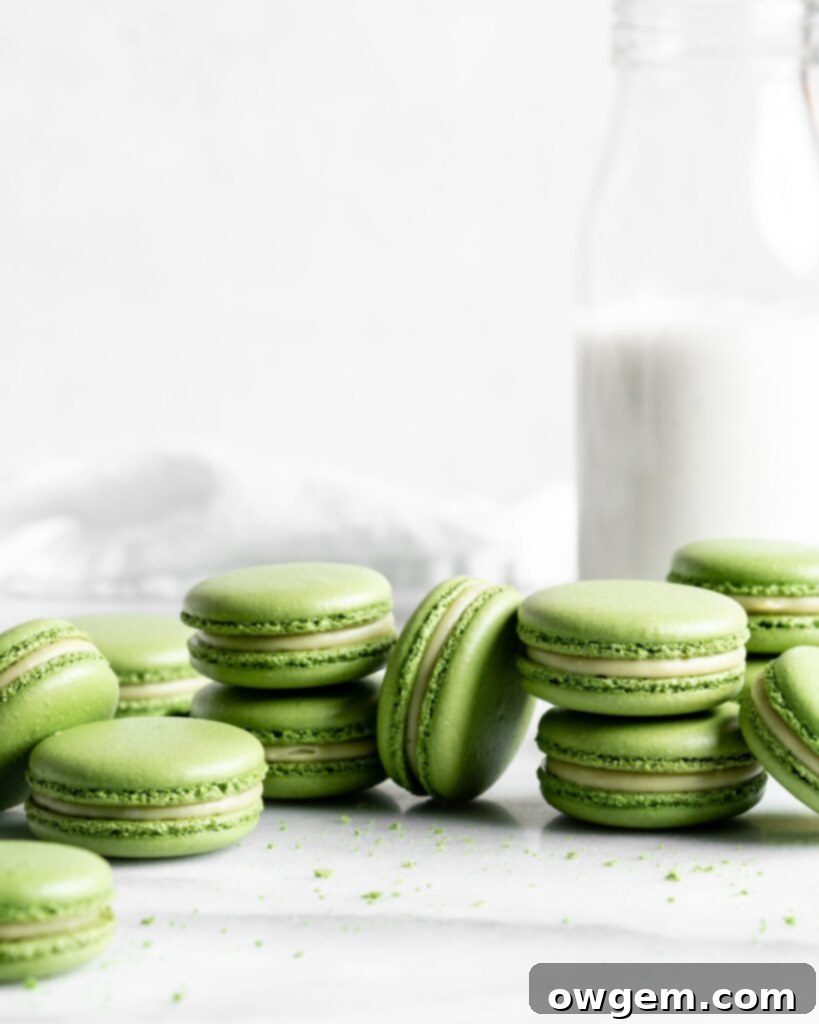 Vibrant green matcha macarons with creamy filling