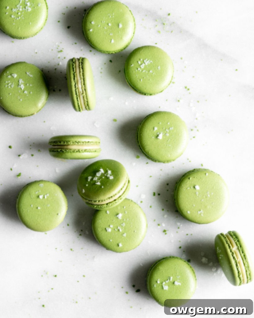 Stacked Matcha Macarons with white chocolate ganache filling