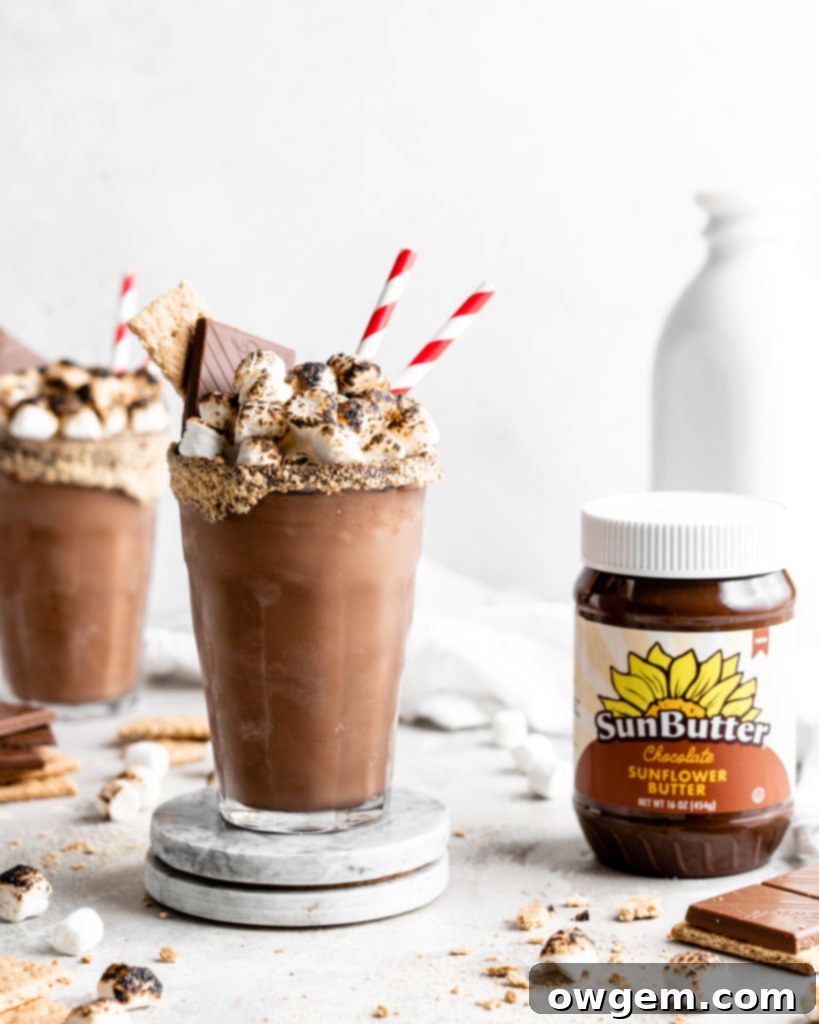 A close-up shot of the perfectly smooth SunButter S'mores Milkshake being poured into a chilled glass, ready for serving.