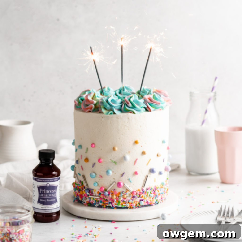 Even Better Confetti Cake - A close-up of a beautifully decorated three-layer confetti cake with colorful sprinkles visible throughout the cake layers and frosting.