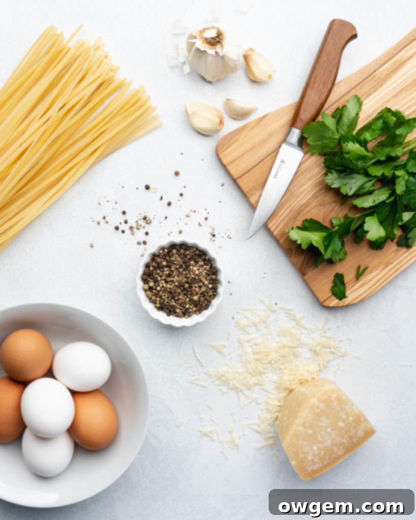 Creamy pasta carbonara is ready to be made with these ingredients
