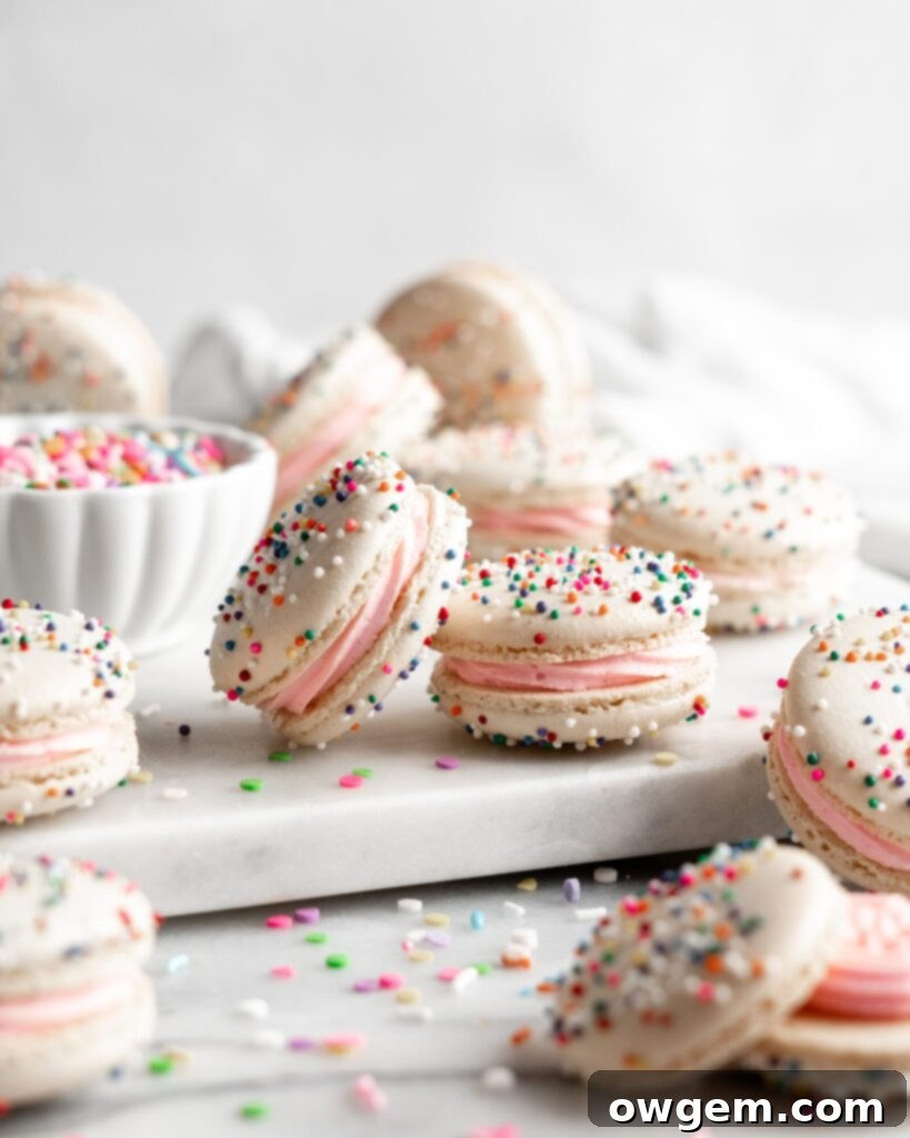 Delicate white birthday cake macarons adorned with vibrant rainbow sprinkles, ready to be enjoyed.
