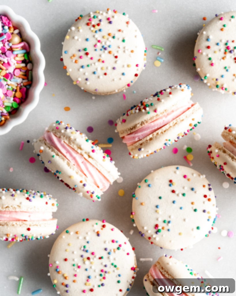 Assembled birthday cake macarons, filled with creamy buttercream and adorned with sprinkles.