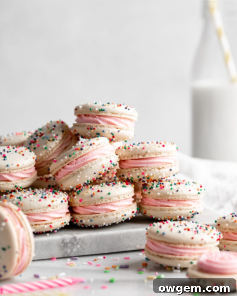 A vibrant birthday cake macaron with creamy pink buttercream and sprinkles.