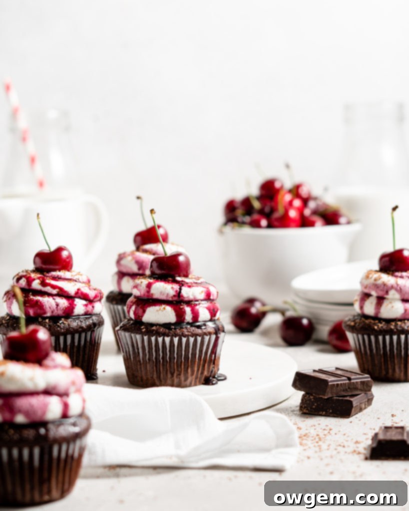 Black forest cupcake with cherry compote filling and whipped cream topping with cherry on top
