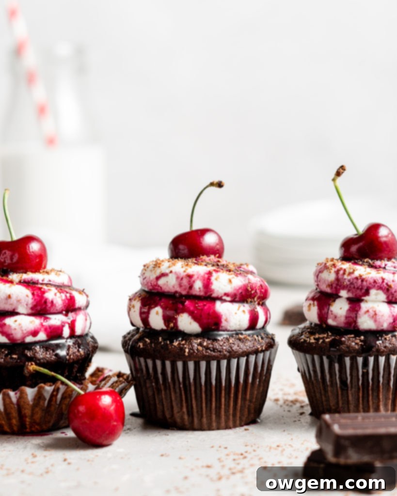 Black forest cupcake with cherry compote filling and whipped cream topping with cherry on top