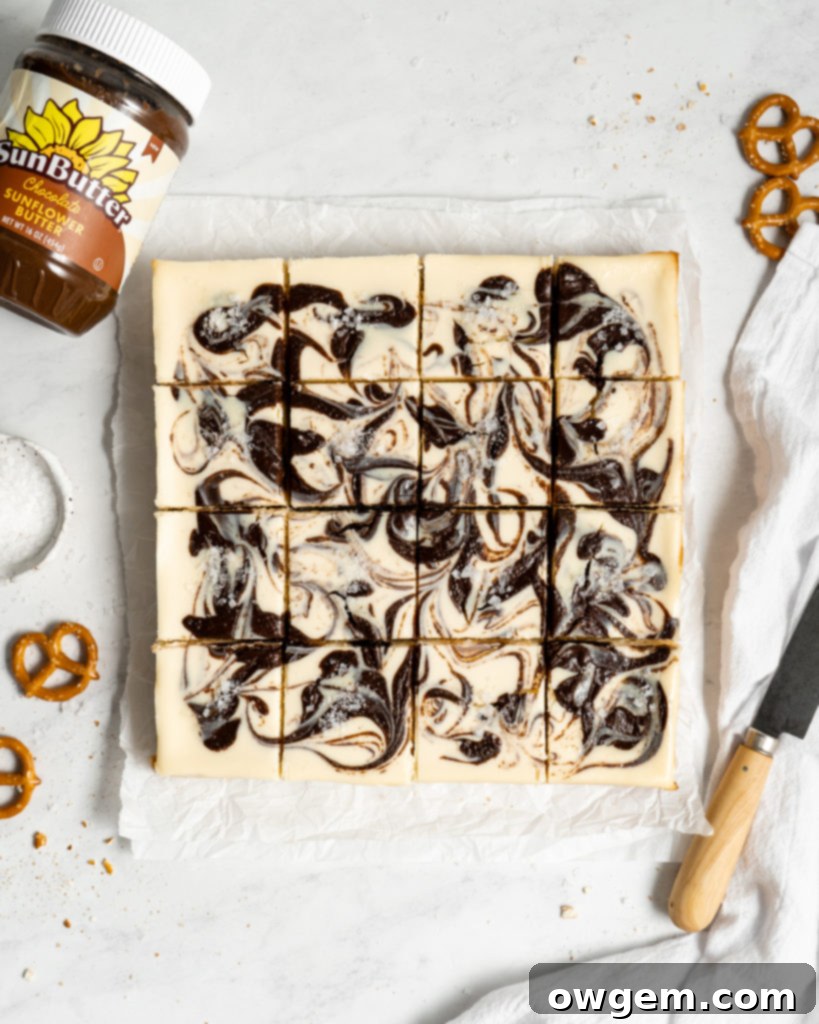 Two Chocolate SunButter Cheesecake bars on a white plate, showing the marbled top and thick pretzel crust