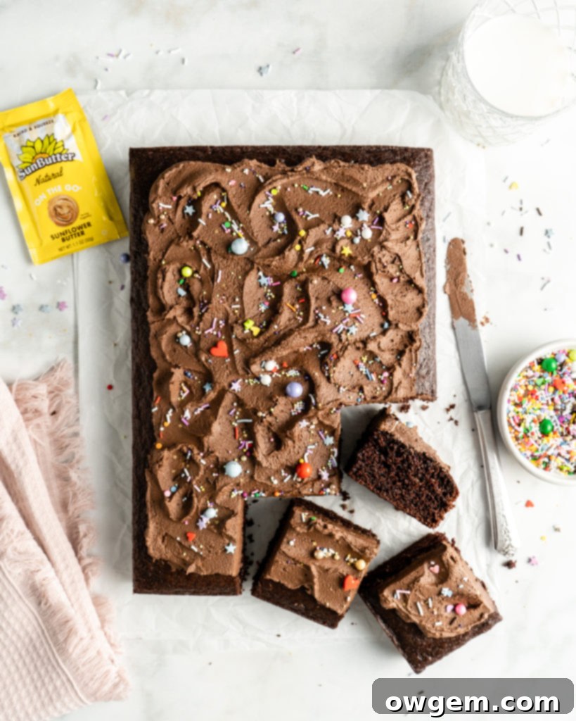 Another view of the SunButter Chocolate Sheet Cake, highlighting its moist texture and rich, smooth buttercream, ready to be served.