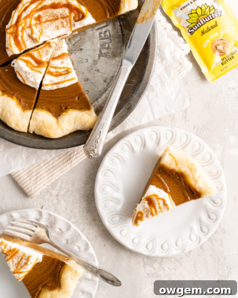 Ingredients for SunButter Salted Caramel Pumpkin Pie on a wooden board