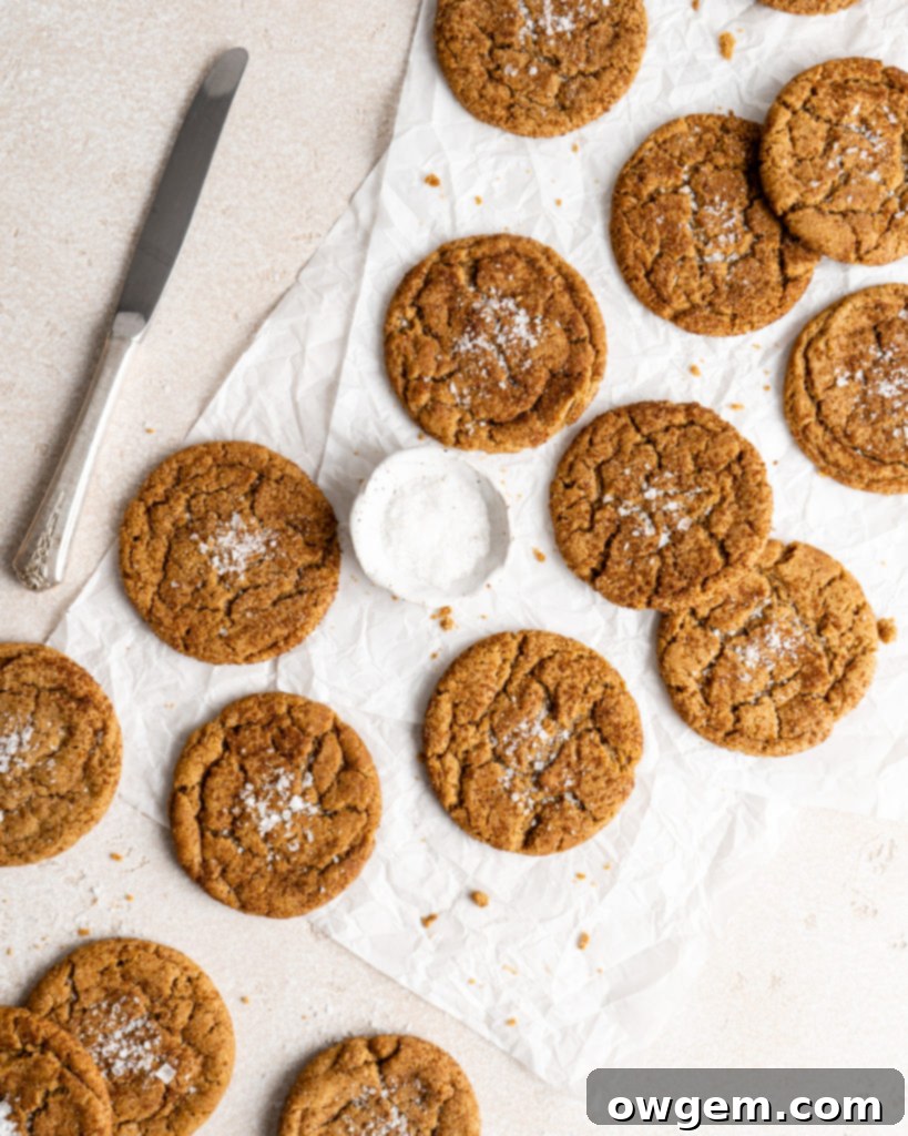 Chewy pumpkin snickerdoodle cookies rolled in cinnamon sugar on parchment paper
