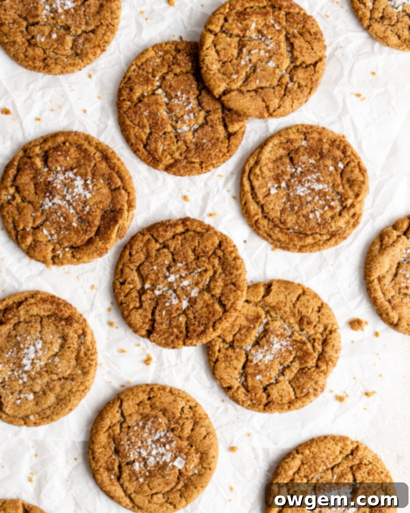 Chewy pumpkin snickerdoodle cookies rolled in cinnamon sugar on parchment paper